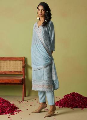Sky blue pure organza embroidered salwar suit 4