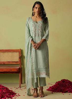 Sea green pure organza embroidered salwar suit 1