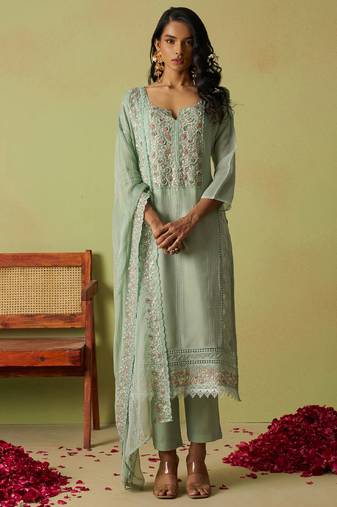 Sea green pure organza embroidered salwar suit
