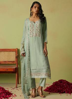 Sea green pure organza embroidered salwar suit 2