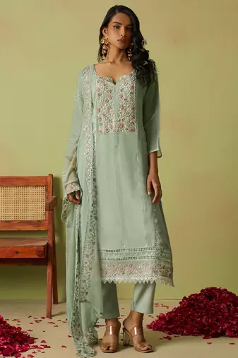 Sea green pure organza embroidered salwar suit