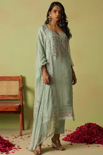 Sea green pure organza embroidered salwar suit