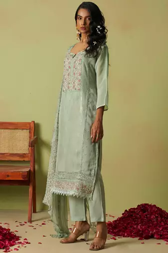 Sea green pure organza embroidered salwar suit