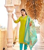 Women Embroidered V-Neck Viscos Slik Straight Kurta With Trousers & Dupatta