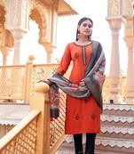 Women Embroidered Round Neck Viscos Slik Straight Kurta With Trousers & Dupatta