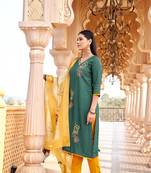 Women Embroidered V-Neck Viscos Slik Straight Kurta With Trousers & Dupatta
