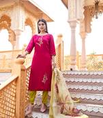 Women Embroidered Round Neck Viscos Slik Straight Kurta With Trousers & Dupatta