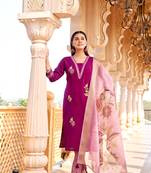 Women Embroidered V-Neck Viscos Slik Straight Kurta With Trousers & Dupatta