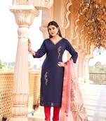 Navy Blue Embroidered Viscose Silk Straight Kurta With Trousers & Dupatta