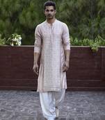 Fawn embroidered mirror work cotton silk sajid kurta (dusty peach)