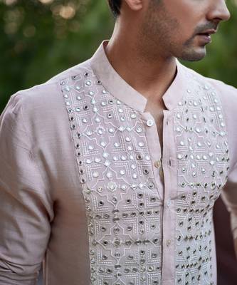 Fawn embroidered mirror work cotton silk sajid kurta (dusty peach) 3