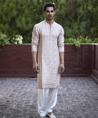 Fawn embroidered mirror work cotton silk sajid kurta (dusty peach) 4