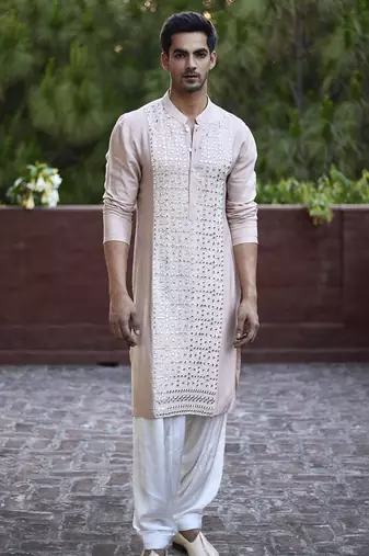 Fawn embroidered mirror work cotton silk sajid kurta (dusty peach)