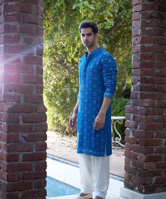 Blue embroidered mirror work georgette ranbir kurta 1