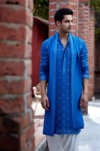 Blue embroidered mirror work georgette ranbir kurta