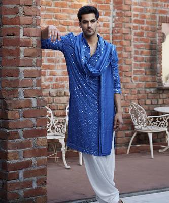 Blue embroidered mirror work georgette ranbir kurta 3