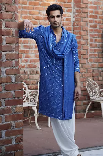 Blue embroidered mirror work georgette ranbir kurta