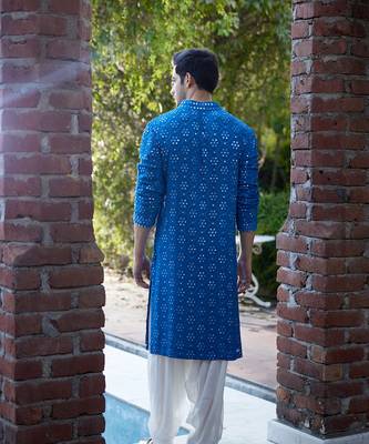 Blue embroidered mirror work georgette ranbir kurta 4
