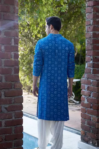 Blue embroidered mirror work georgette ranbir kurta