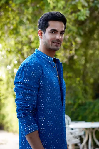 Blue embroidered mirror work georgette ranbir kurta