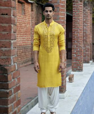 Yellow embroidered mirror work linen shehzad kurta 1