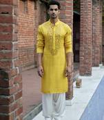 Yellow embroidered mirror work linen shehzad kurta