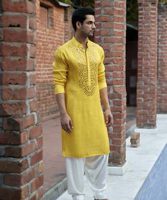 Yellow embroidered mirror work linen shehzad kurta 2