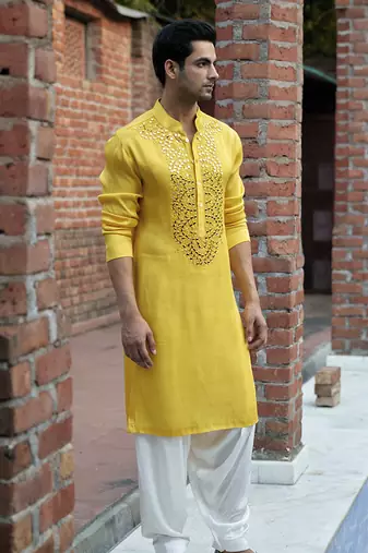 Yellow embroidered mirror work linen shehzad kurta