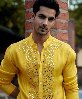 Yellow embroidered mirror work linen shehzad kurta 3