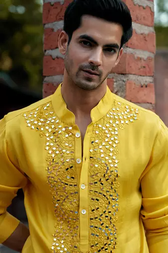 Yellow embroidered mirror work linen shehzad kurta