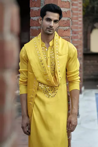 Yellow embroidered mirror work linen shehzad kurta