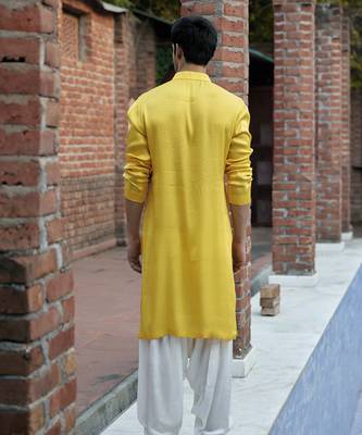 Yellow embroidered mirror work linen shehzad kurta 5