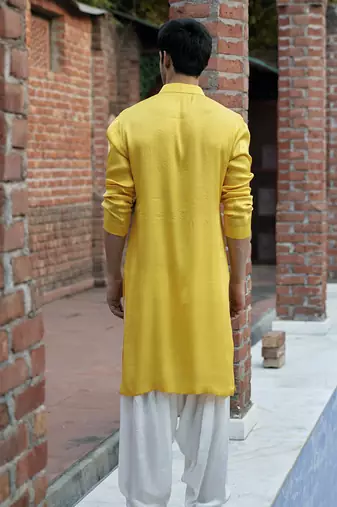Yellow embroidered mirror work linen shehzad kurta