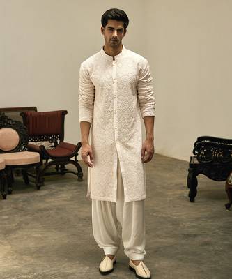 Pink embroidered mirror work georgette umair kurta (light pink) 1