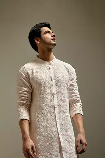 Pink embroidered mirror work georgette umair kurta (light pink)