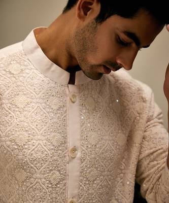 Pink embroidered mirror work georgette umair kurta (light pink) 4