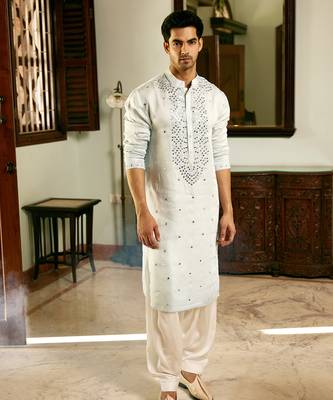 Blue embroidered mirror work pashimina silk mansoor kurta 1