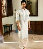 Blue embroidered mirror work pashimina silk mansoor kurta