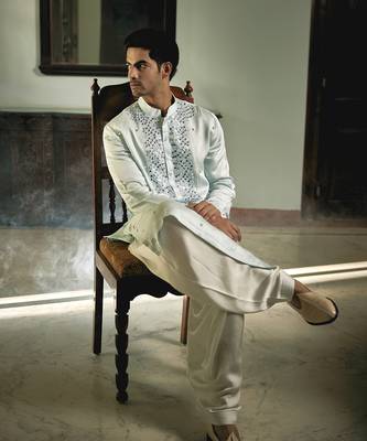 Blue embroidered mirror work pashimina silk mansoor kurta 2