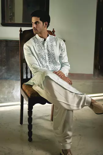 Blue embroidered mirror work pashimina silk mansoor kurta