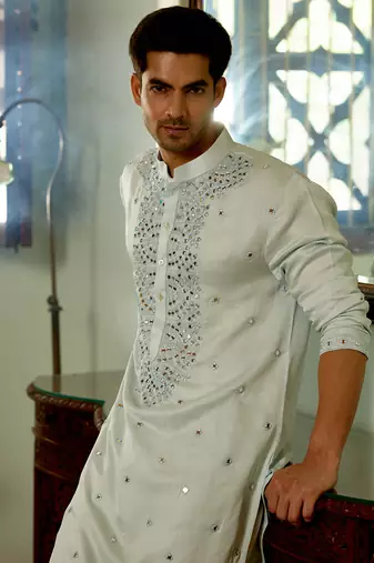 Blue embroidered mirror work pashimina silk mansoor kurta