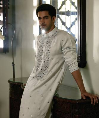 Blue embroidered mirror work pashimina silk mansoor kurta 4