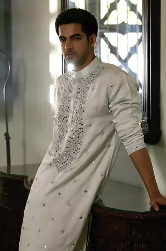 Blue embroidered mirror work pashimina silk mansoor kurta