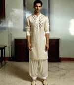 White embroidered mirror work linen daniyal kurta