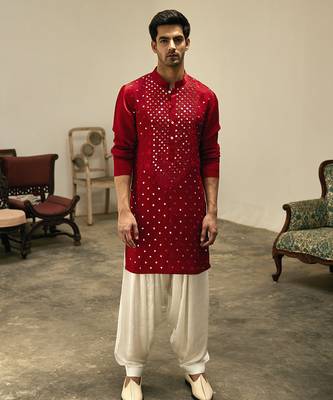 Red embroidered mirror work linen zaid kurta 1