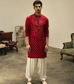 Red embroidered mirror work linen zaid kurta
