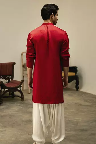 Red embroidered mirror work linen zaid kurta