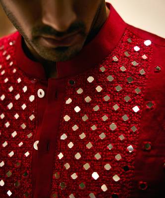 Red embroidered mirror work linen zaid kurta 3