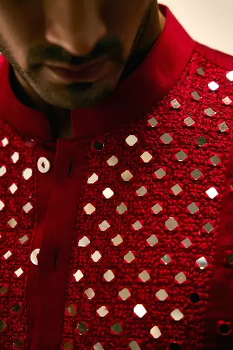 Red embroidered mirror work linen zaid kurta