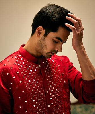 Red embroidered mirror work linen zaid kurta 4